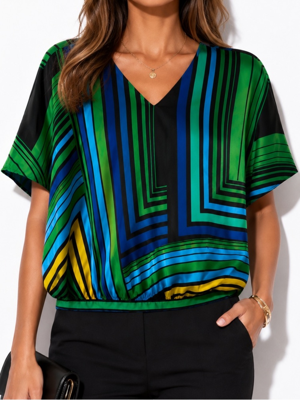 Express Top Geometric Stripe V-Neck Blouse S
